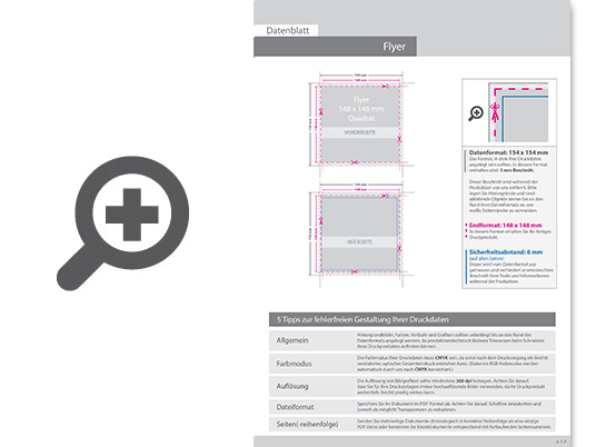 Product Bild multiloft-flyer_quadrat_14_8_cm_x_14_8_cm_einseitig_folienkaschiert_gl__nzend_mit_einseitig_partieller_uv-lackierung__4_4_farbig_(beidseitiger_druck)